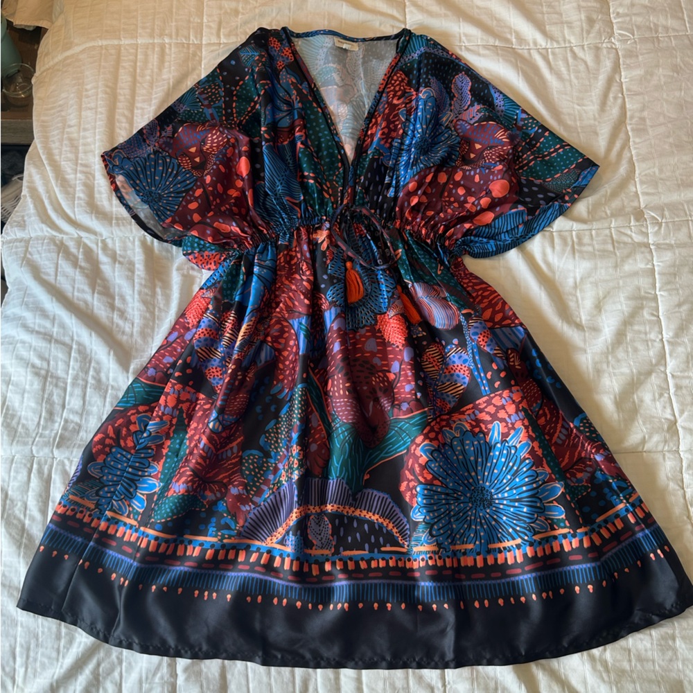 World Market Vibrant Tiger Image V-Neck Tie Waist A-Line Mini Dress